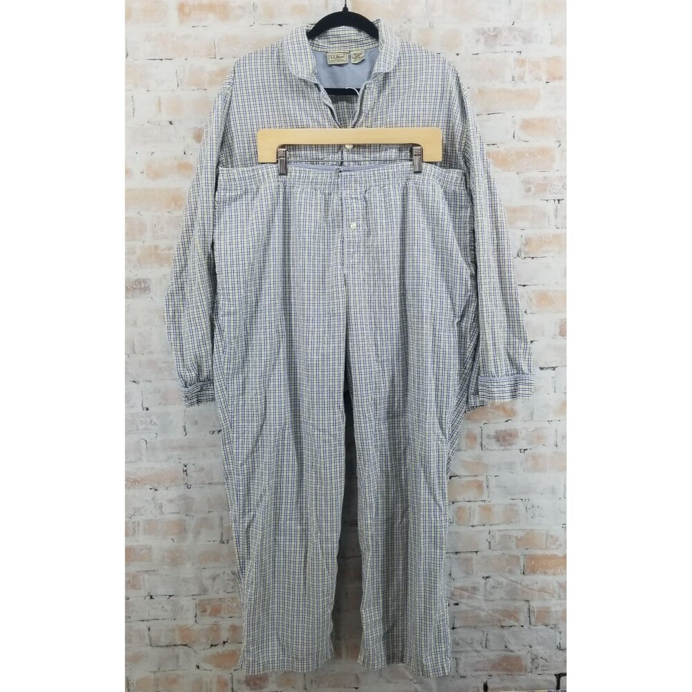 L.L. Bean 100% Cotton Men's Large Pajama Set Shirt Pants Blue/Yellow Plaid READ